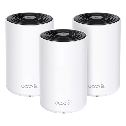 Kit 3 Routers Inalámbricos MESH Interior para Hogar / Doble Banda Wi-Fi 6E AX5400 Mbps / 3 Puerto Gigabit WAN/LAN / 4 Antenas Internas / Administración Mediante la App Deco (iOS, Android) / Protección HomeShield