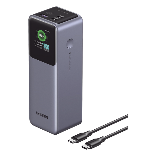 Power Bank de 25000mAh | 3 Salidas 200W Max. | USB-A + 2 USB-C | PD 3.0, QC3.0 | FCP | SCP | Pantalla Inteligente | Carcasa Ignifuga | Color Gris | Incluye Cable USB de 50cm | Carga tu Laptop de Manera Segura.