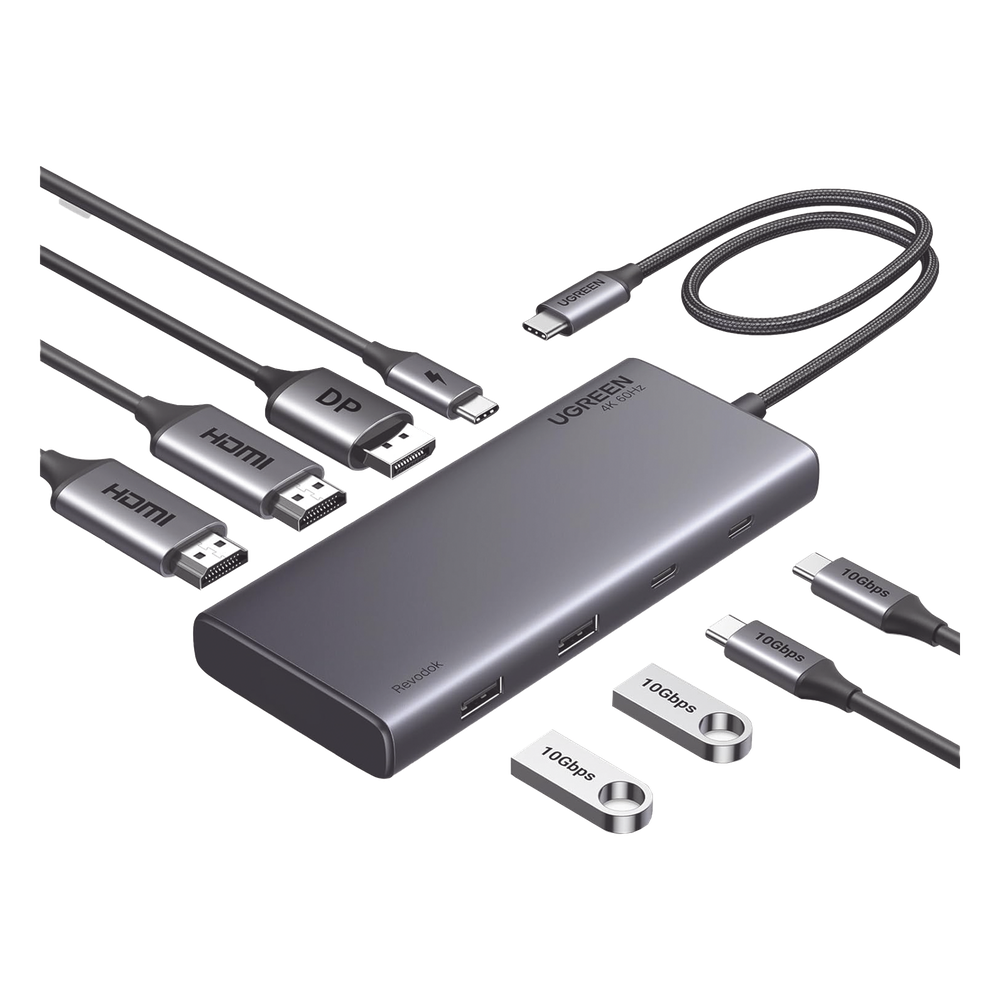 HUB USB-C (Docking Revodok 308) 8 en 1 | 2 Puertos HDMI 4K@60Hz | 1 Puerto DisplayPort 4K@60Hz 2 USB-A 10Gbps) | 2 USB-C (10Gbps) | USB-C PD Carga 100W | Chip de Ultima Generacion | Carcasa de Aluminio.