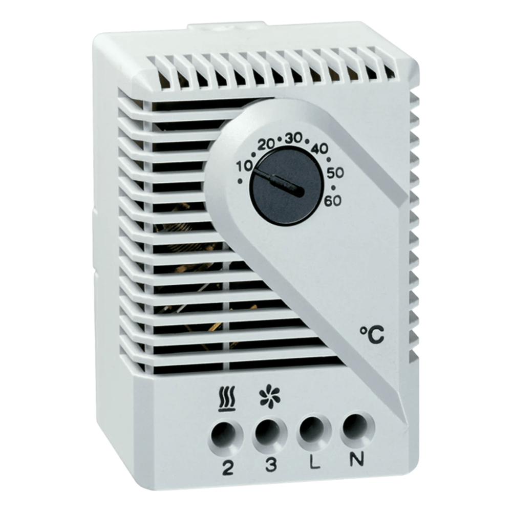 Termostato Mecánico para Gabinetes / 115V AC / Rango 10°C a 60°C / Montaje Riel DIN 35 mm / Contacto Snap-Action / Gris Claro RAL 7035