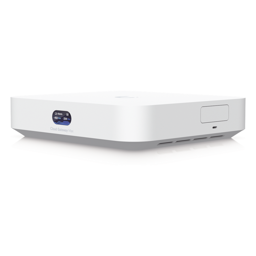 UCG Max Cloud Gateway de 2.5 GbE Compacto con Soporte para hasta 30 Dispositivos UniFi, 300+ Clientes, Enrutamiento IPS de 2.3 Gbps y Almacenamiento 512 GB de Memoria Interna