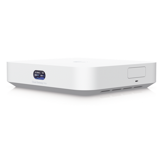 UCG Max Cloud Gateway de 2.5 GbE Compacto con Soporte para hasta 30 Dispositivos UniFi, 300+ Clientes, Enrutamiento IPS de 2.3 Gbps y Almacenamiento 512 GB de Memoria Interna
