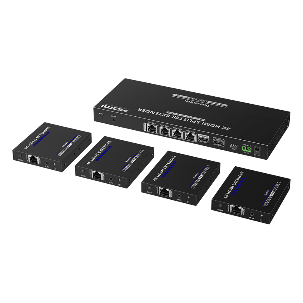 Kit Divisor y Extensor HDMI | 1x4 | Hasta 70 m |Resolución 4K @ 60 Hz |  Cat 6/6a/7 | IPCOLOR | CERO LATENCIA  | EDID | RS232 | Salida Loop / PoC