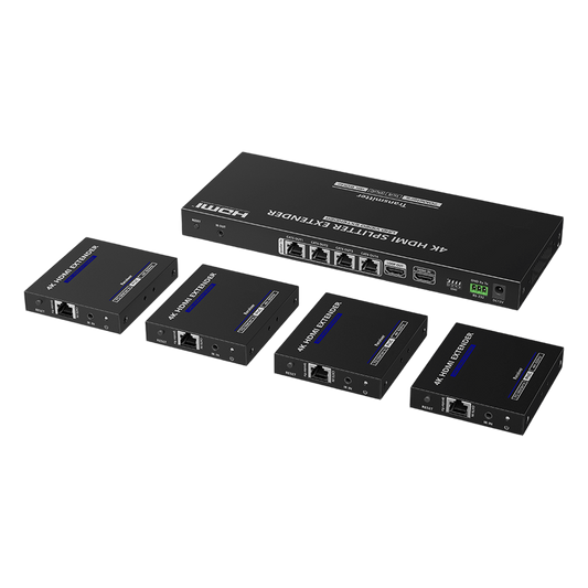 Kit Divisor y Extensor HDMI | 1x4 | Hasta 70 m |Resolución 4K @ 60 Hz |  Cat 6/6a/7 | IPCOLOR | CERO LATENCIA  | EDID | RS232 | Salida Loop / PoC