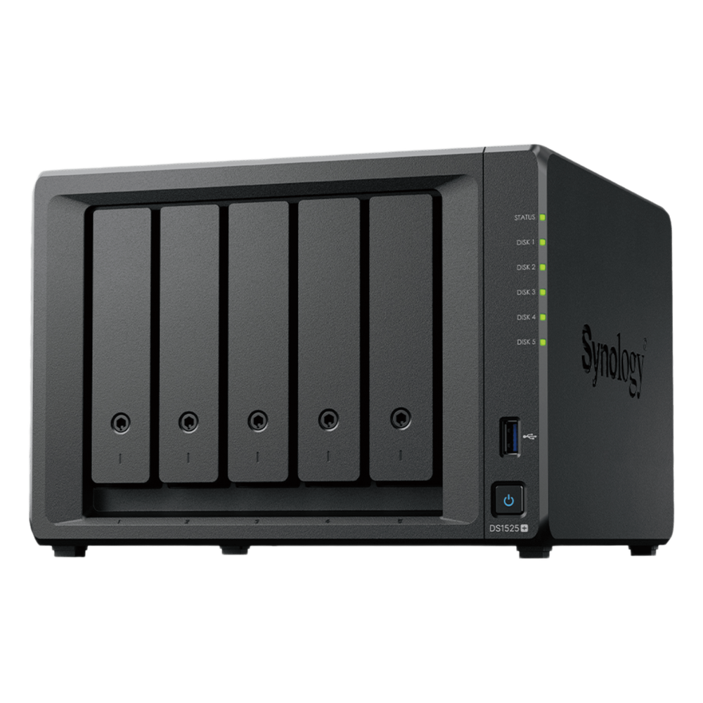 NAS DiskStation DS1525+ | 5 Bahías | Expansión hasta 15 Bahías | 2 Puertos 2.5GbE | Soporte 10GbE | Almacenamiento en Caché SSD | Hasta 300 TB de Capacidad | Compatible con Virtualización y Vigilancia.