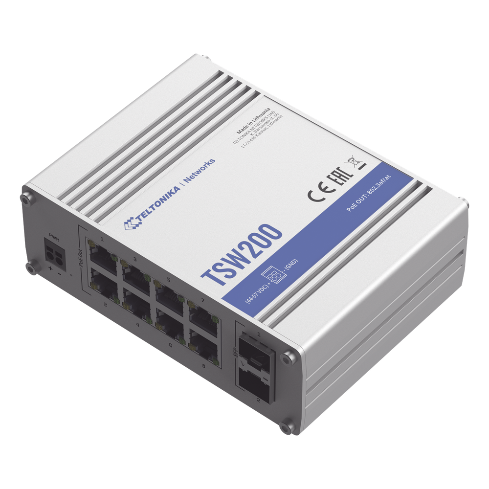 Switch Industrial No-Administrable 8 puertos Gigabit PoE 802.3af/at, 2 puertos SFP