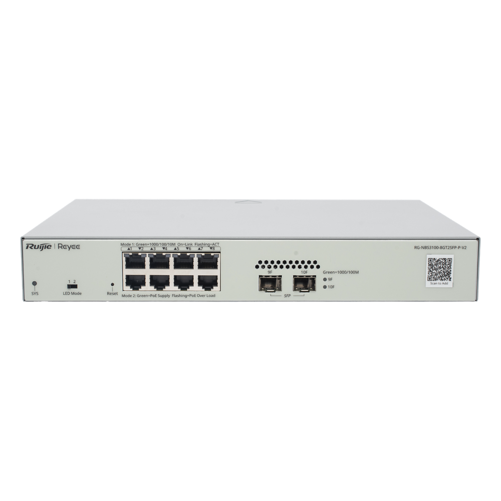 Switch Administrable PoE Capa 2 con 8 puertos Gigabit PoE 802.3af/at + 2 SFP para fibra 1Gb, gestión gratuita desde la nube, 125w