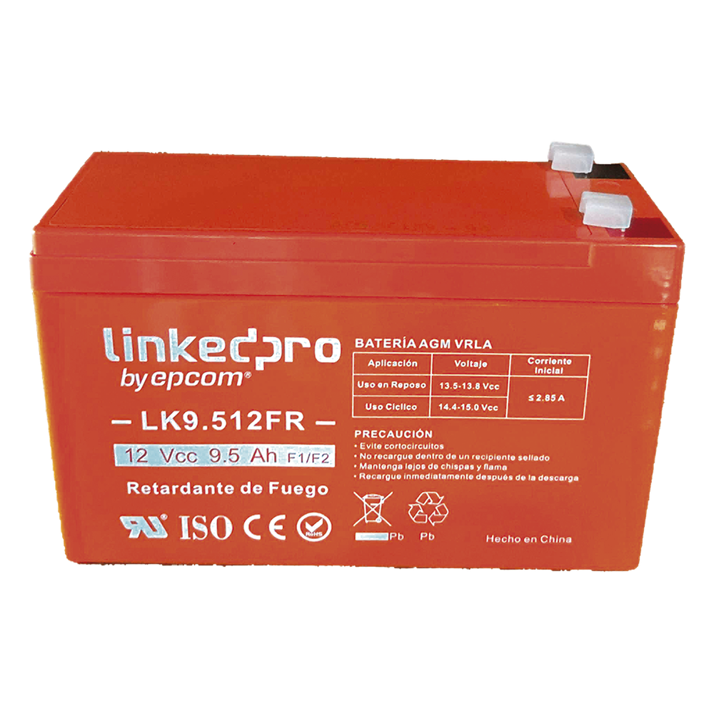 Batería de respaldo 12 V |  9.5 Ah | AGM | Certificada UL94-V0 Retardante a la Flama  | Especial para Seguridad Electrónica | UPS  | Sistemas de Emergencia  | Vida útil 5 años | Terminales F1  + Adaptador F2