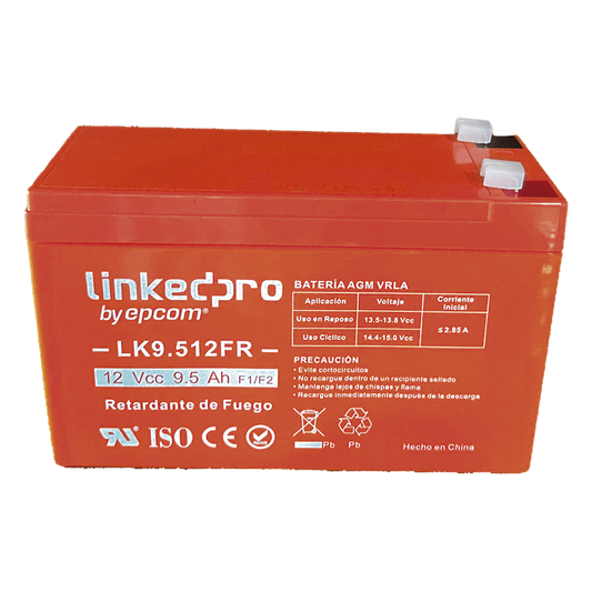 Batería de respaldo 12 V |  9.5 Ah | AGM | Certificada UL94-V0 Retardante a la Flama  | Especial para Seguridad Electrónica | UPS  | Sistemas de Emergencia  | Vida útil 5 años | Terminales F1  + Adaptador F2