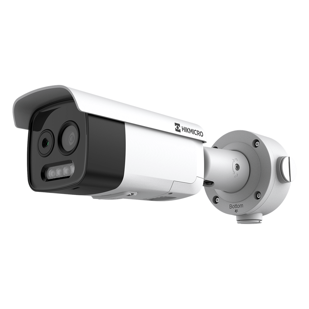 (HIKMICRO) Bala IP Bi-Espectral / Térmica (256 X 192 / 9.7 mm) + Óptica (5 MP / 12.4 mm) / IA GUANLAN / Rango: -20°C a 150°C / 8°C Margen / Detección de Fuego y Humo / Alarma Visual y Audible / Dual Light / PoE / IP67 / IK