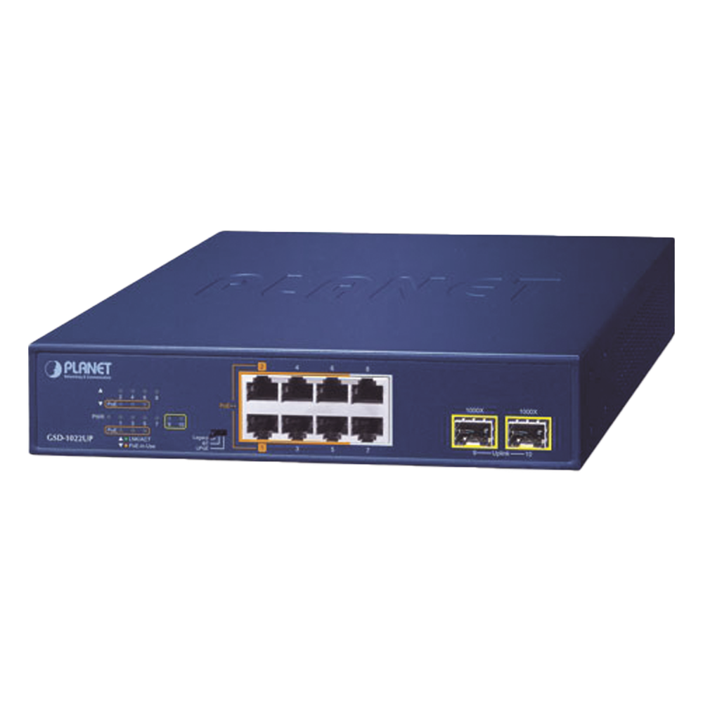 Switch PoE No Administrable de Escritorio, 2 Puertos Gigabit 802.3bt, 4 Puertos Gigabit 802.3at, 2 Puertos 10/100/1000, 2 Puertos SFP Gigabit.