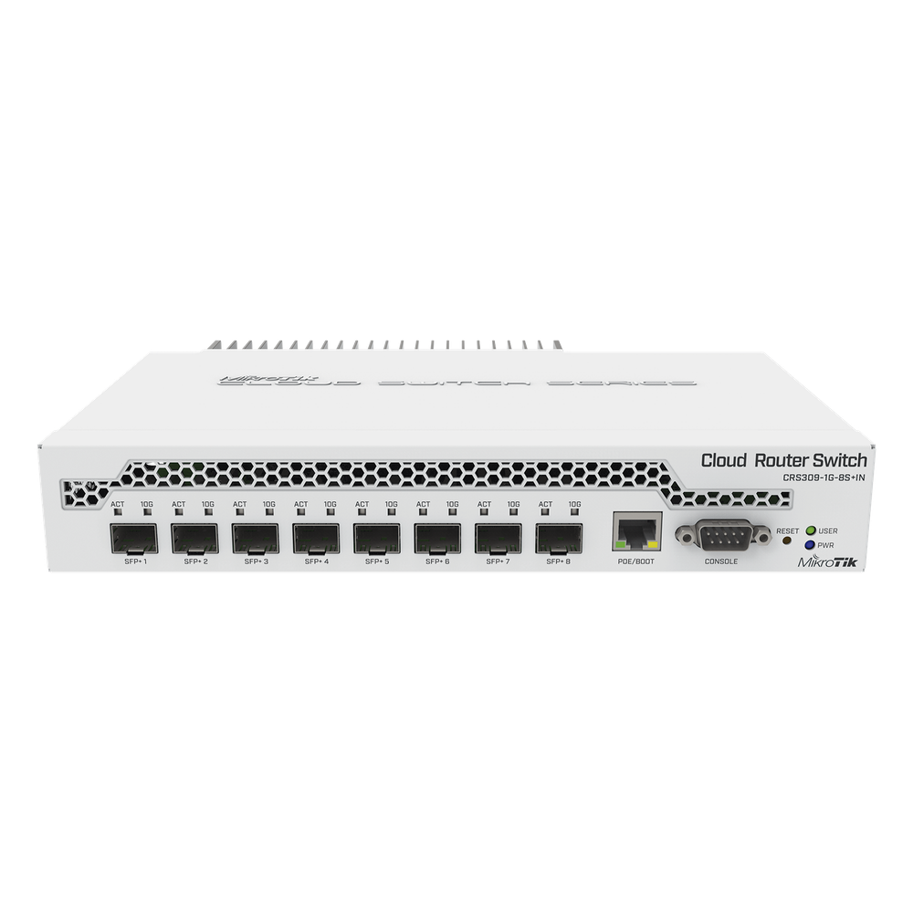 (CRS309-1G-8S+IN) Switch administrable Sistema Operativo Dual, puerto 1G Rj45, 8 puertos 10G SFP+ para Escritorio