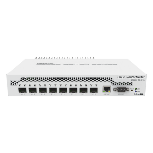 (CRS309-1G-8S+IN) Switch administrable Sistema Operativo Dual, puerto 1G Rj45, 8 puertos 10G SFP+ para Escritorio