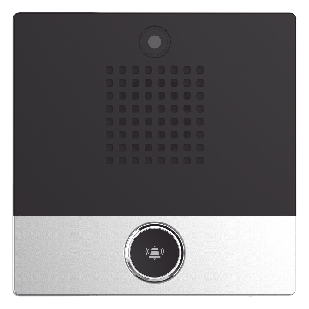 Mini video Intercomunicador para hotelería y hospitales, con diseño elegante, PoE, cámara 1Mpx, 1 botón, 1 relevador integrado de salida y entrada.