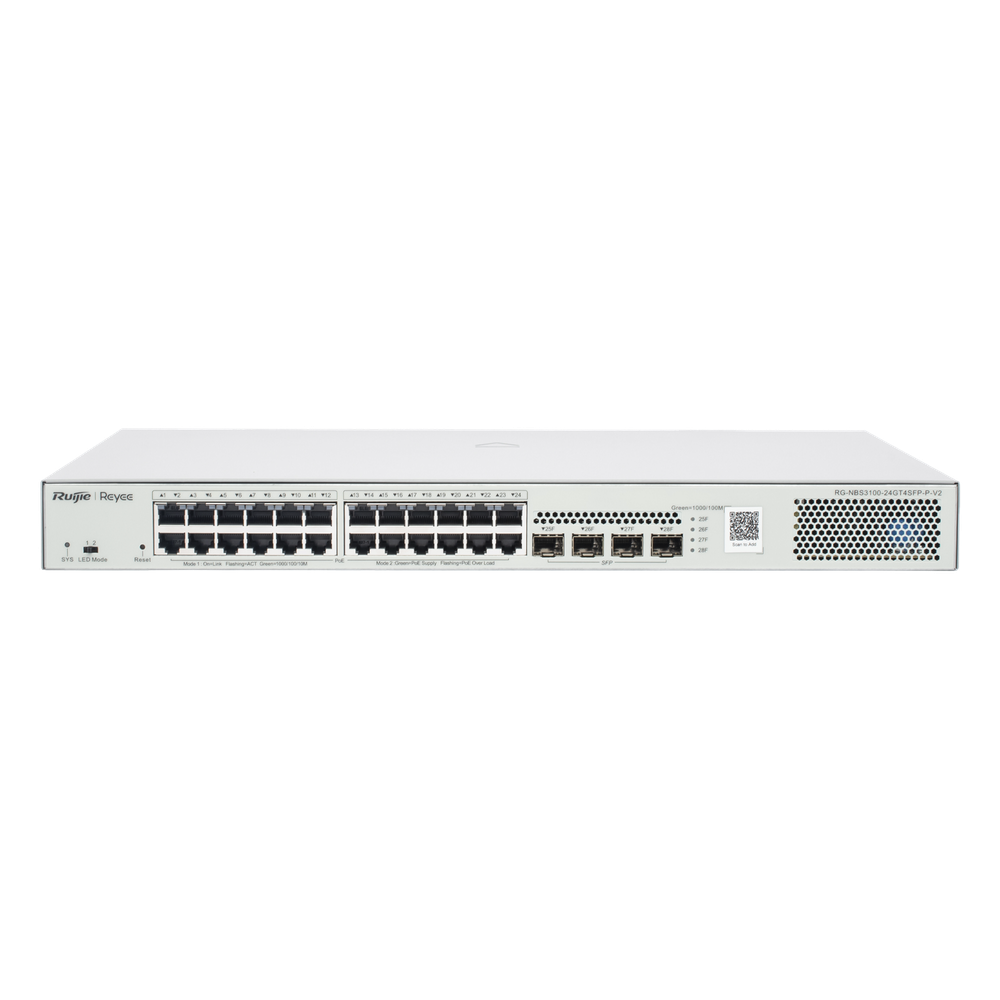 Switch Administrable L2 PoE+ hasta 370W, 24 Puertos Eth 1G, 4 puertos SFP 1G, Administración Remota en la Nube.