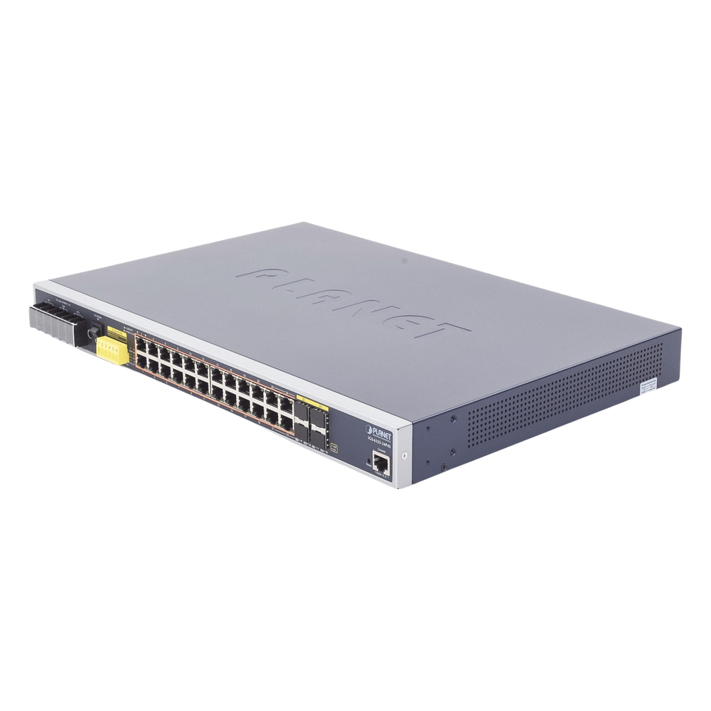 Switch PoE Industrial Capa 3, Con 24 Puertos PoE Gigabit  802.3af/at, 4 Puertos SFP Compartidos 100 / 1000X, Soporta temperaturas extremas de -40 ~ 75°C