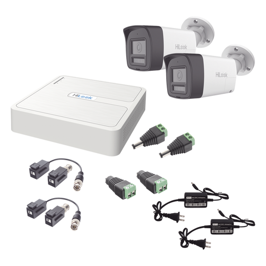 Kit HiLook Audio Bidireccional TurboHD 1080p / DVR 4 Canales / 2 Cámaras Bala (Exterior) con Bocina y Microfóno Integrado / 2 Fuentes de Poder / Accesorios
