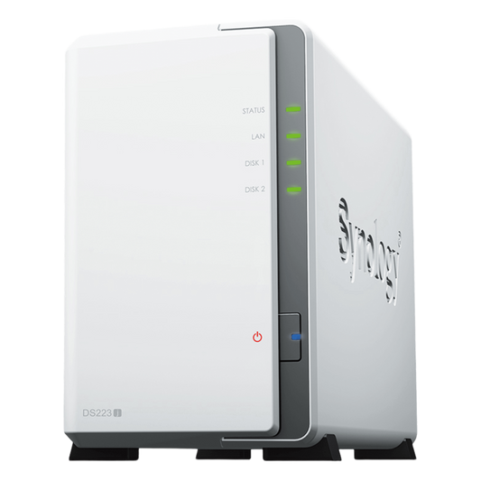NAS DiskStation DS223j | 2 Bahías | CPU Realtek RTD1619B 1.7 GHz | 1 GB DDR4 | Puerto 1GbE RJ-45 | USB 3.2 Gen 1 | Compatible con HDD y SSD | Synology DSM | RAID 0, 1, JBOD | SMB, AFP, NFS, FTP | Vigilancia IP