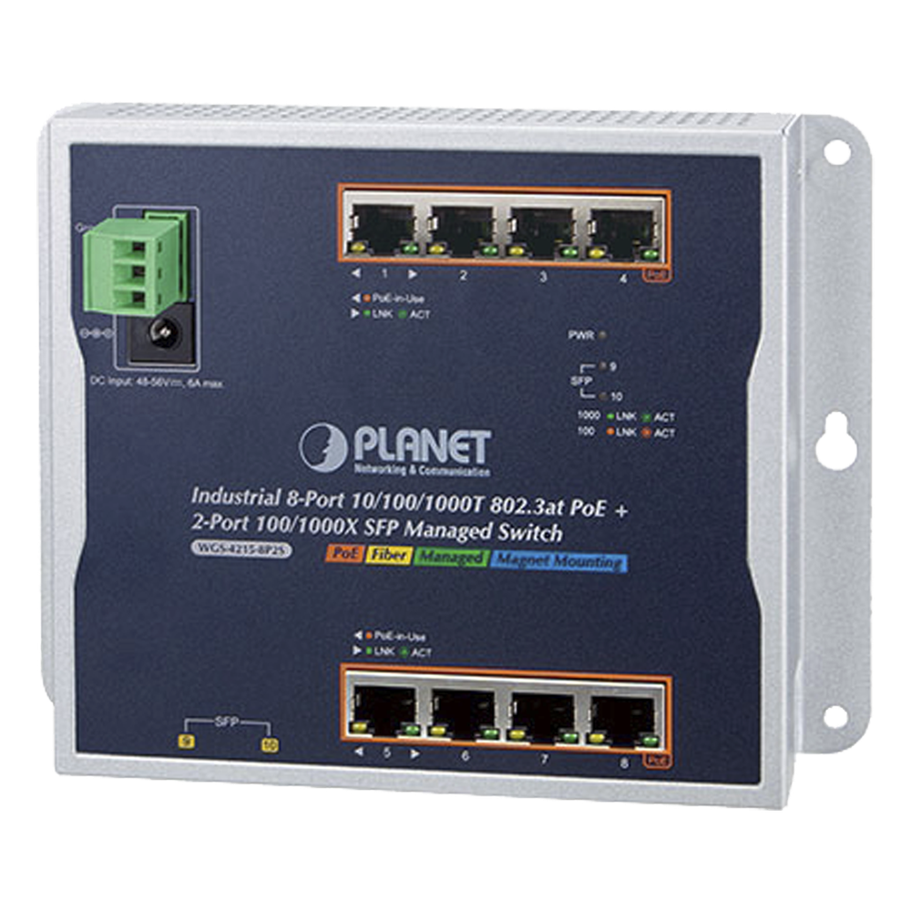 Switch Industrial PoE Administrable de Pared Capa 2, 8 Puertos Gigabit PoE 802.3at y 2 Puertos 100/1000X SFP