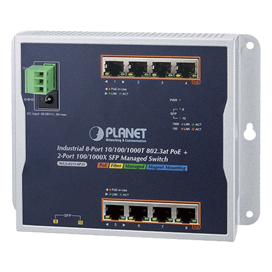 Switch Industrial PoE Administrable de Pared Capa 2, 8 Puertos Gigabit PoE 802.3at y 2 Puertos 100/1000X SFP