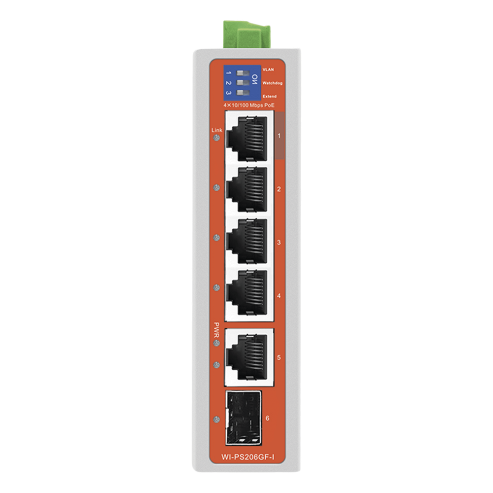 Switch Industrial / 4 Puertos 10/100 Mbps con PoE 802.3af/at / 2 Puertos Uplink Gigabit (1 Rj45 - 1 SFP) / PoE Hasta 250 m