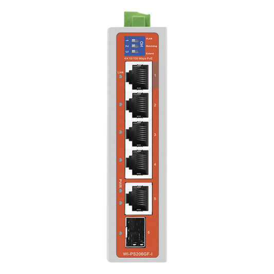 Switch Industrial / 4 Puertos 10/100 Mbps con PoE 802.3af/at / 2 Puertos Uplink Gigabit (1 Rj45 - 1 SFP) / PoE Hasta 250 m