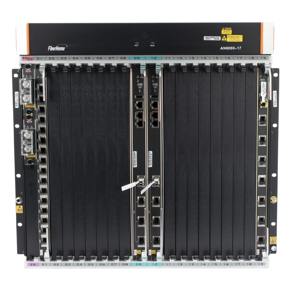 OLT Carrier Class Modular GPON, 16 Ranuras de Servicio, Incluye 1 Tarjeta de Servicio, crecimiento hasta 256 puertos GPON o 128 XGPON, Gestión por UNM2000, CLI, (Incluye Instalación de Software UNM2000)