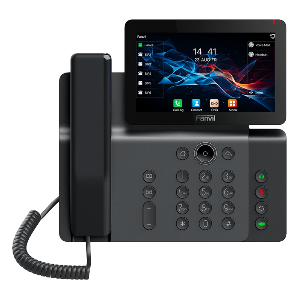 Teléfono IP Empresarial V66 Prime, Pantalla Táctil Color 7 Pulgadas, Audio HD Opus, Video 1080p, Wi-Fi 6, Bluetooth 5.4, 20 Líneas SIP, 6-Way Conference, PoE, Material Antibacterial