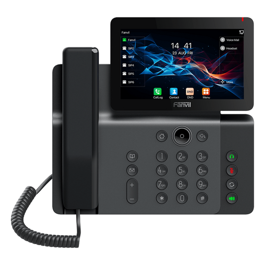 Teléfono IP Empresarial V66 Prime, Pantalla Táctil Color 7 Pulgadas, Audio HD Opus, Video 1080p, Wi-Fi 6, Bluetooth 5.4, 20 Líneas SIP, 6-Way Conference, PoE, Material Antibacterial