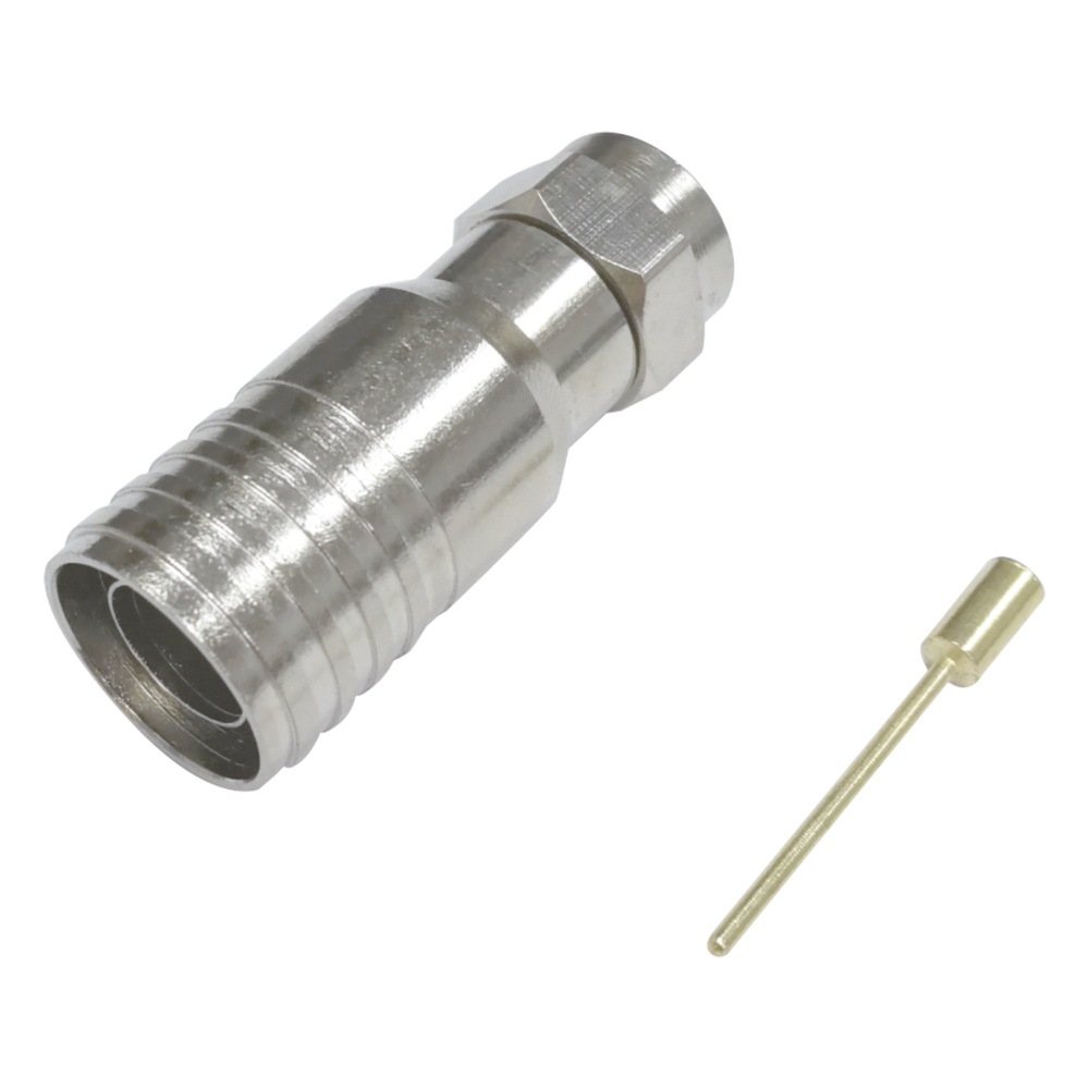 Conector F Macho en 75 Ohm, Plegable para Instalar en Cables Coaxiales RG-11, Cuerpo de Bronce-Niquelado/ Teflón.