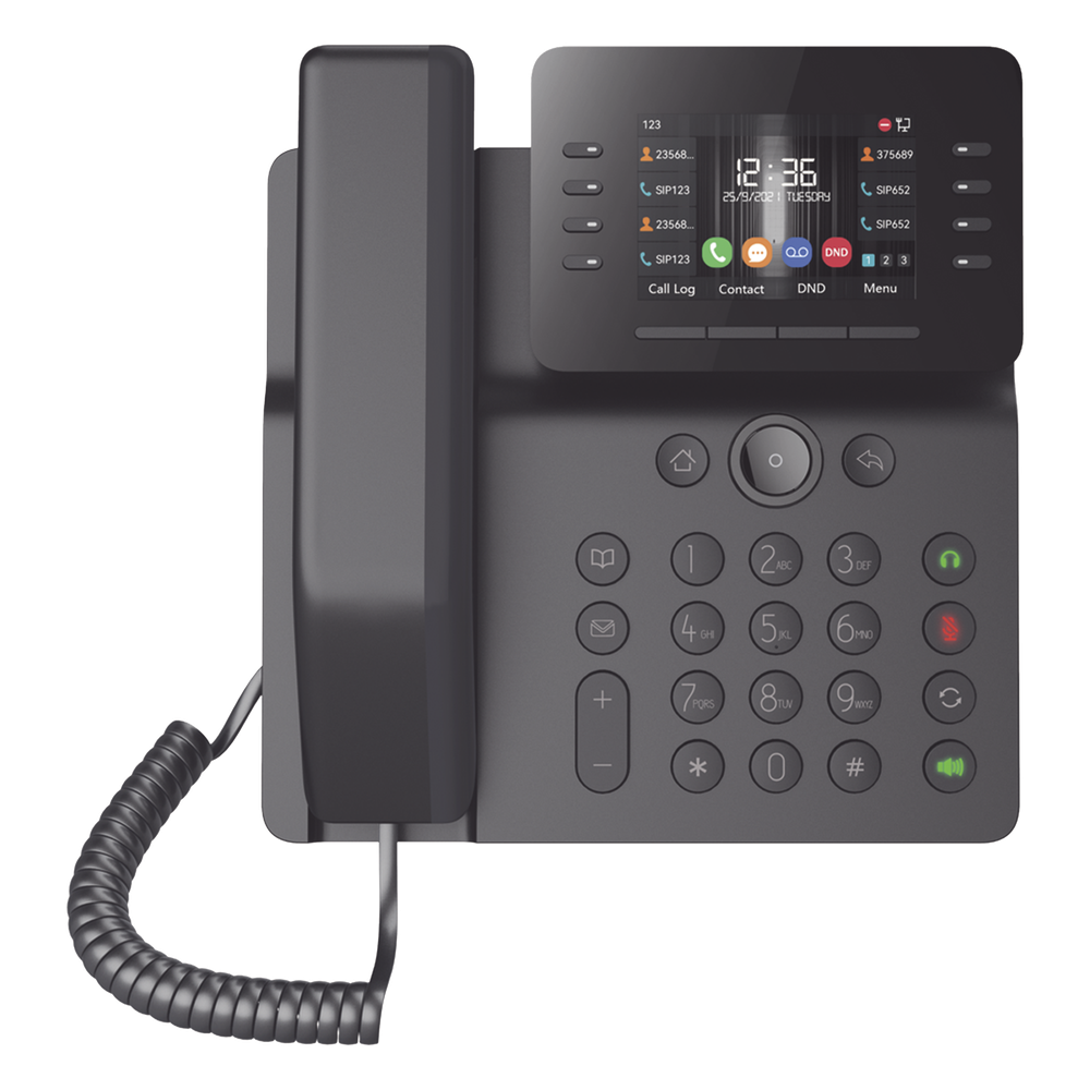 Teléfono IP Empresarial Esencial WiFi / Bluetooth, 12 líneas SIP, pantalla a color 3.5", PoE, puertos Gigabit, conferencia local de 6 vías.