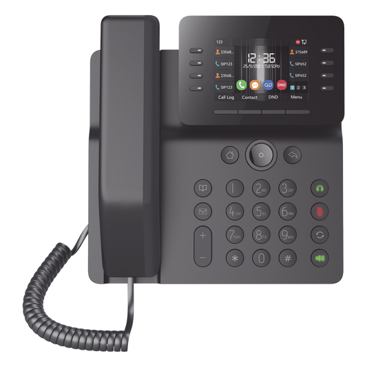 Teléfono IP Empresarial Esencial WiFi / Bluetooth, 12 líneas SIP, pantalla a color 3.5", PoE, puertos Gigabit, conferencia local de 6 vías.