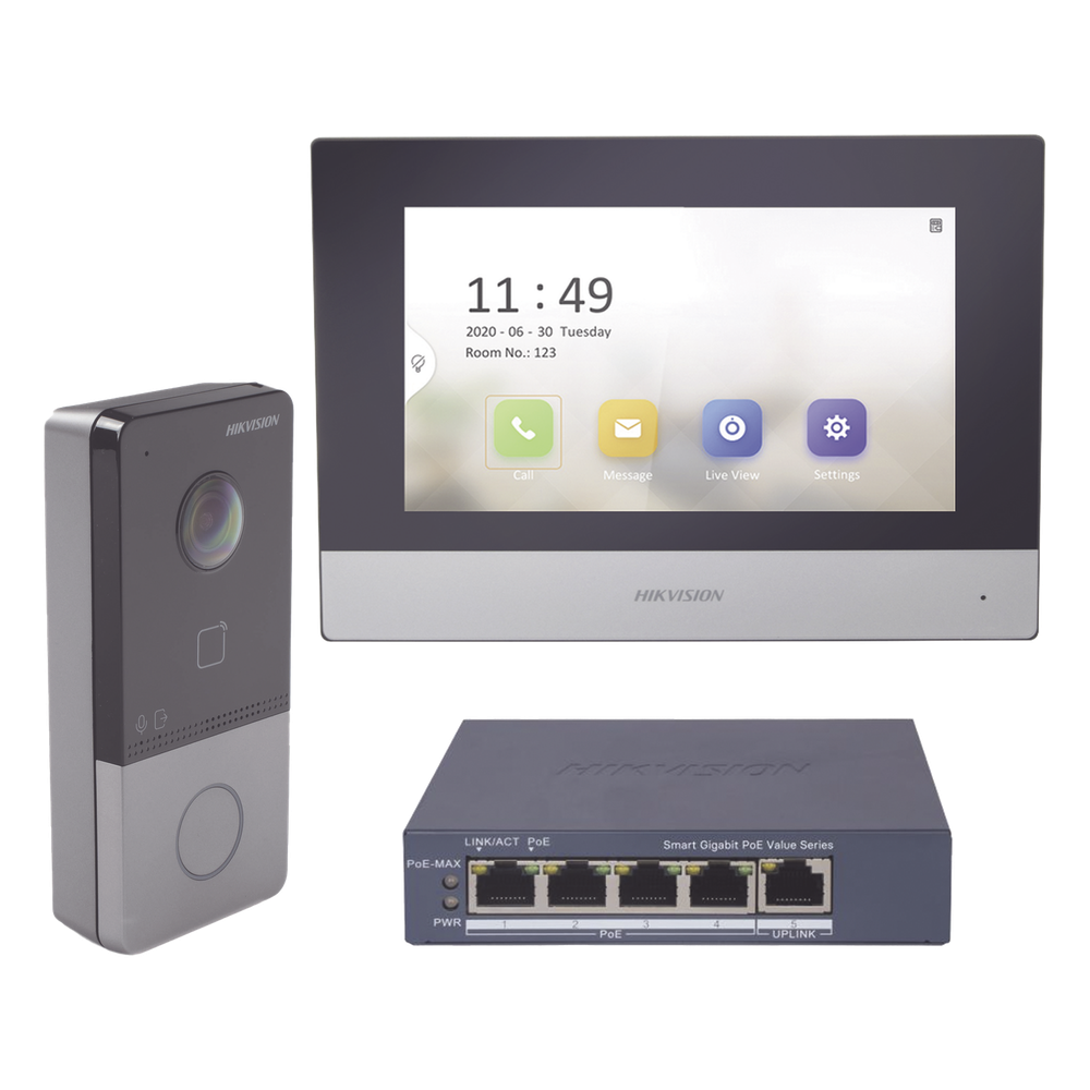 Kit de Videoportero IP + Switch Poe Poe Estandar con llamada a App de Smartphone (HikConnect) / Apertura con tarjeta MIFARE / Frente de calle IP65 / Soporta 1 Departamento