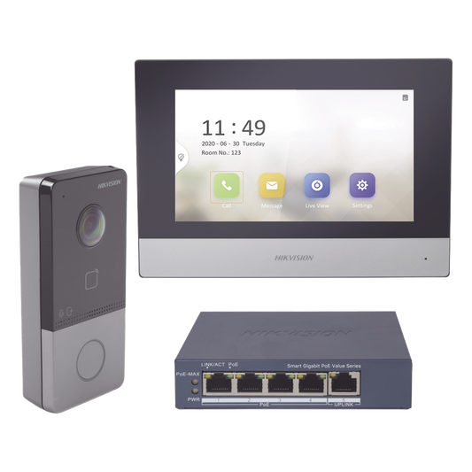 Kit de Videoportero IP + Switch Poe Poe Estandar con llamada a App de Smartphone (HikConnect) / Apertura con tarjeta MIFARE / Frente de calle IP65 / Soporta 1 Departamento