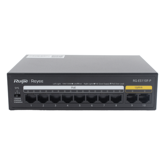 Switch PoE+ no Administrable, Hasta 110 Watts, 8 puertos PoE+ y 2 Uplinks 10/100