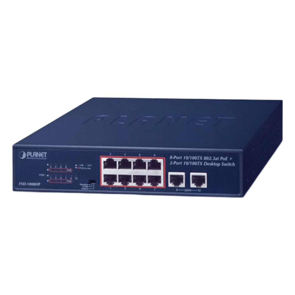 Switch de Escritorio de 8 Puertos 10/100TX 802.3at PoE+ / 2 Puertos 10/100TX / 120W PoE Budget / Modos Standard, VLAN y Extendido / Distancia Extendida Hasta 250m