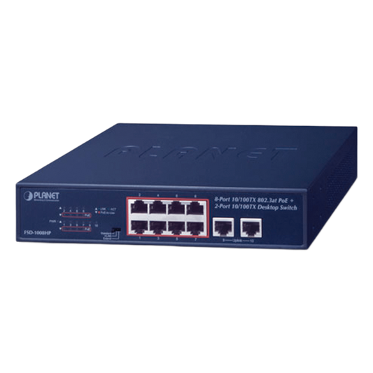 Switch de Escritorio de 8 Puertos 10/100TX 802.3at PoE+ / 2 Puertos 10/100TX / 120W PoE Budget / Modos Standard, VLAN y Extendido / Distancia Extendida Hasta 250m