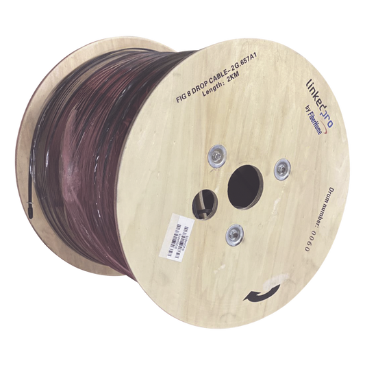 Carrete de 2 km de Fibra Óptica Aérea Mini Figura 8 G.657A1 Tipo Drop, Monomodo de 2 Hilos (Bifibra), Diseñada para Fusionarse, Color Negro, Span 80, (No Soporta Conectores Mecánicos)