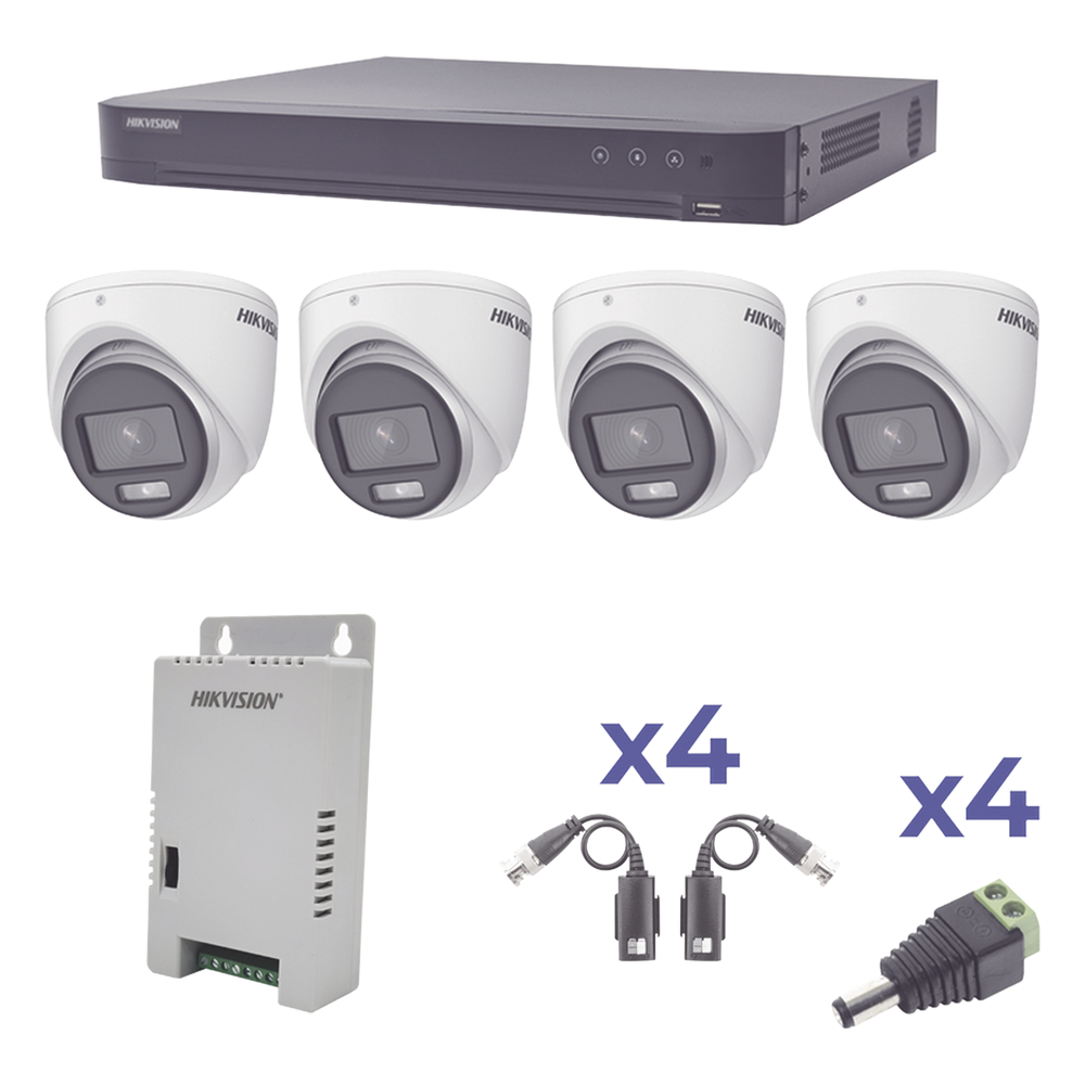 KIT COLORVU TURBOHD 1080p / DVR 4 Canales / 4 Cámaras eyeball (exterior) lente 2.8mm / Fuente de poder profesional / Transceptores de video y Accesorios de corriente