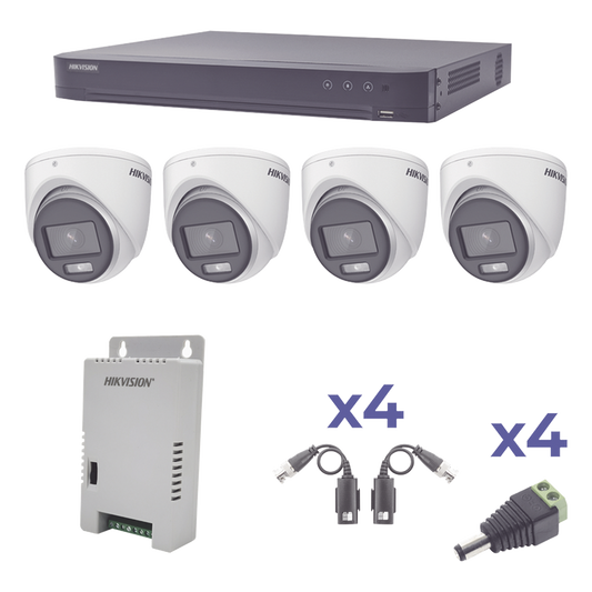 KIT COLORVU TURBOHD 1080p / DVR 4 Canales / 4 Cámaras eyeball (exterior) lente 2.8mm / Fuente de poder profesional / Transceptores de video y Accesorios de corriente