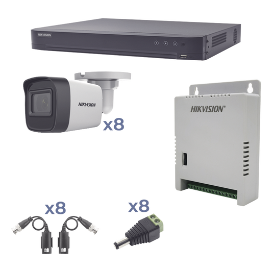 KIT TurboHD 1080p / DVR 8 Canales / 8 Cámaras Bala (exterior 2.8 mm) / Transceptores / Conectores / Fuente de Poder Profesional hasta 15 Vcc para Larga Distancia