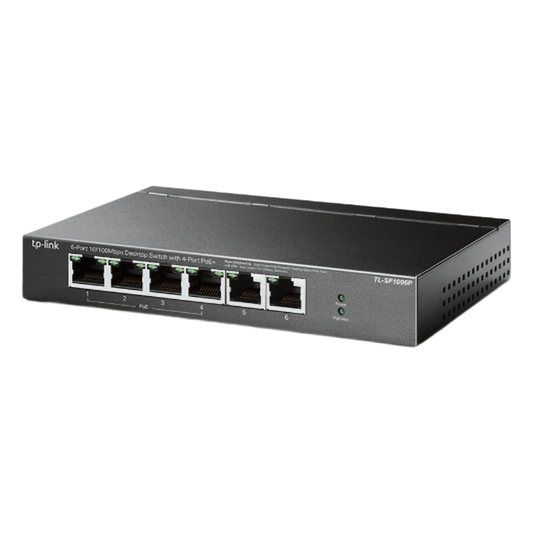 Switch PoE no Administrable de escritorio / 6 puertos 10/100 Mbps / 4 puertos PoE af/at / Presupuesto 67 W / Modo Extensor hasta 250 m / Calidad video prioritaria