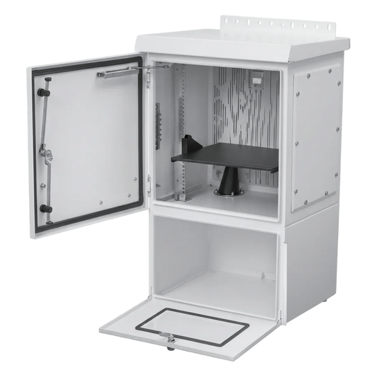 Gabinete Para Exterior OSP ComLine de 12 UR con espacio para Baterías, 600 mm de Ancho, 500 mm de Profundidad De Aluminio, Color Gris Claro Con Protección NEMA 4/12/4X/3/3R; IP66