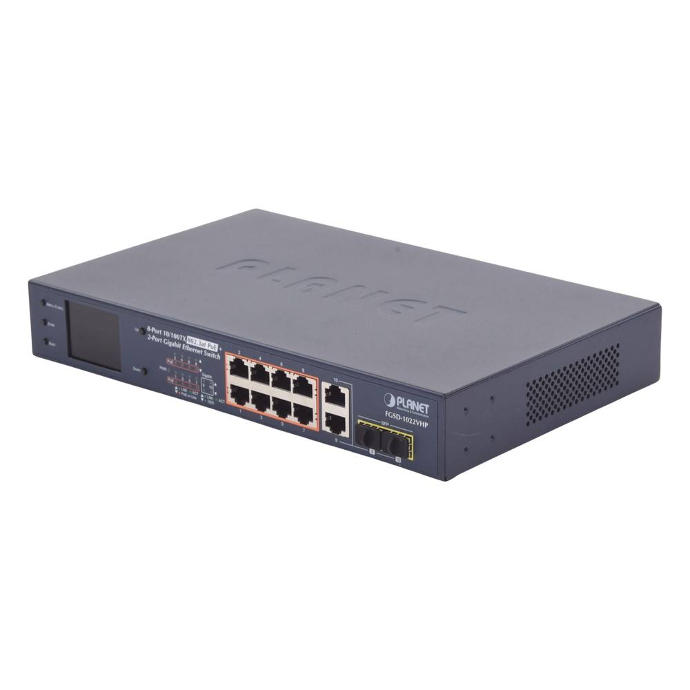 Switch PoE+ / Distancia 250 Metros / 8 Puertos + 2 Combo TP/SFP Gigabit y Pantalla LCD Para Monitoreo