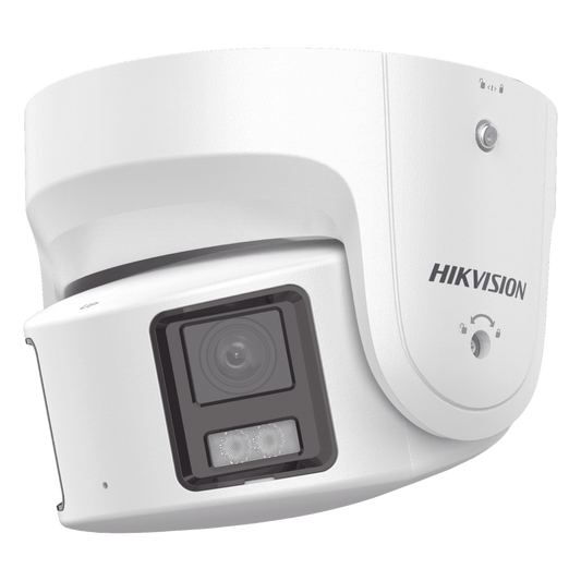 [PROTECCIÓN ACTIVA] Turret IP Panorámica 8 Megapíxel / 2 Lentes 4 mm (180°) / Imagen a Color 24/7 (ColorVu) / PoE / WDR 130° / IP67 / ACUSENSE / Luz Estroboscópica y Alarma Audible / 30 mts Luz Blanca / Micro SD