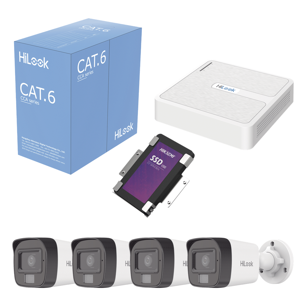 Kit IP 2 Megapixel / NVR de 8 Canales con 8 Puertos PoE / 4 Cámaras IP Bala para Exterior / Micrófono Integrado / Bobina de Cable de 305 mts / SSD 1 TB