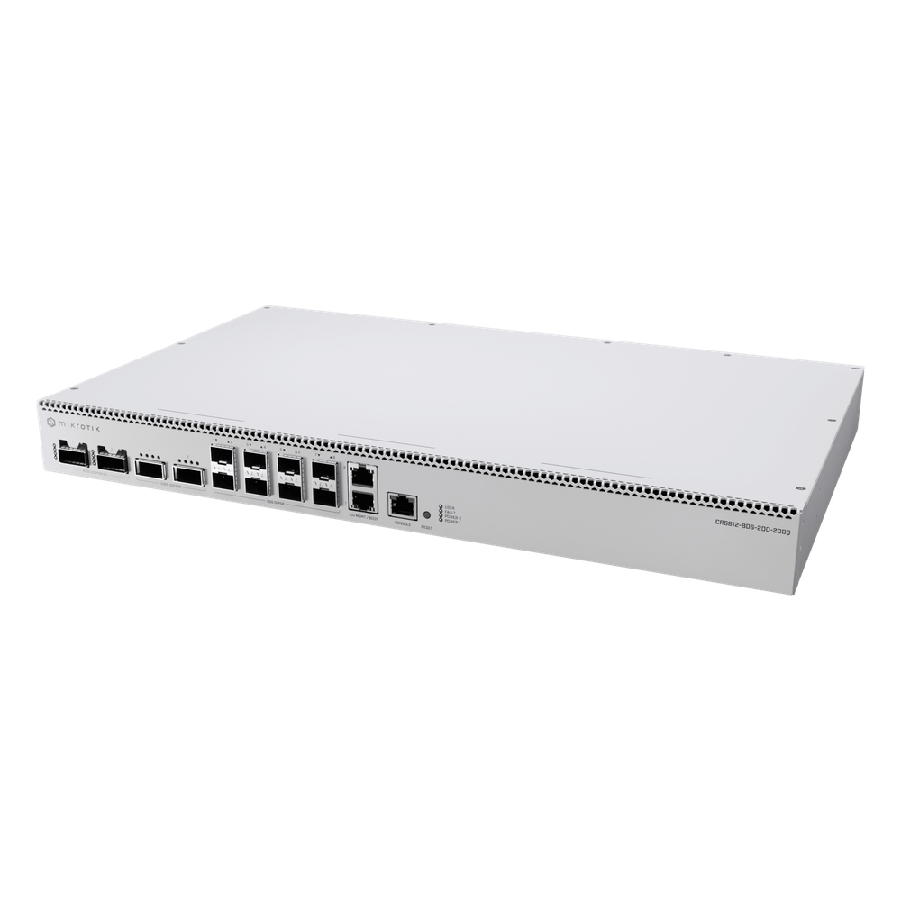 Switch de Red MikroTik CRS812 DDQ / 400 Gbps / 8 Puertos SFP56 de 50G / 2 Puertos QSFP56 de 200G / 2 Puertos QSFP56-DD de 400G / RouterOS v7 / ARM Quad-Core 2 GHz / 4 GB RAM / Rackmount