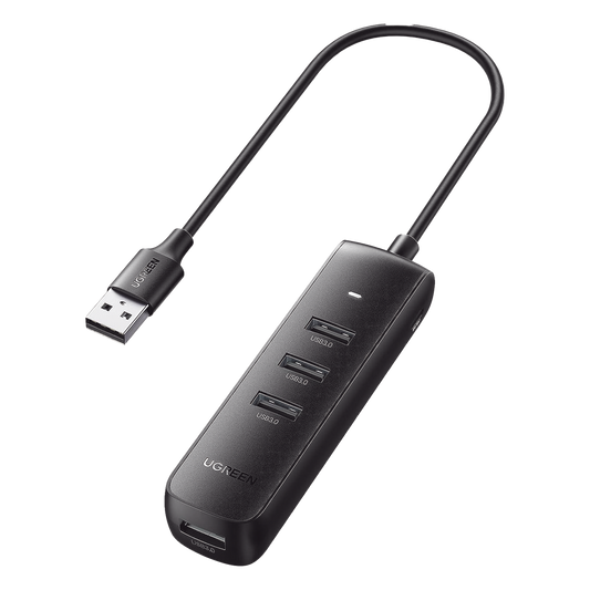 HUB USB-A 3.0 4 en 1 | 4 Puertos USB-A 3.0 (5Gbps) | Cable de 25 cm | Indicador Led | Ideal para Transferencia de Datos | Entrada USB-C para alimentar equipos de mayor consumo como discos duros | Color Negro.