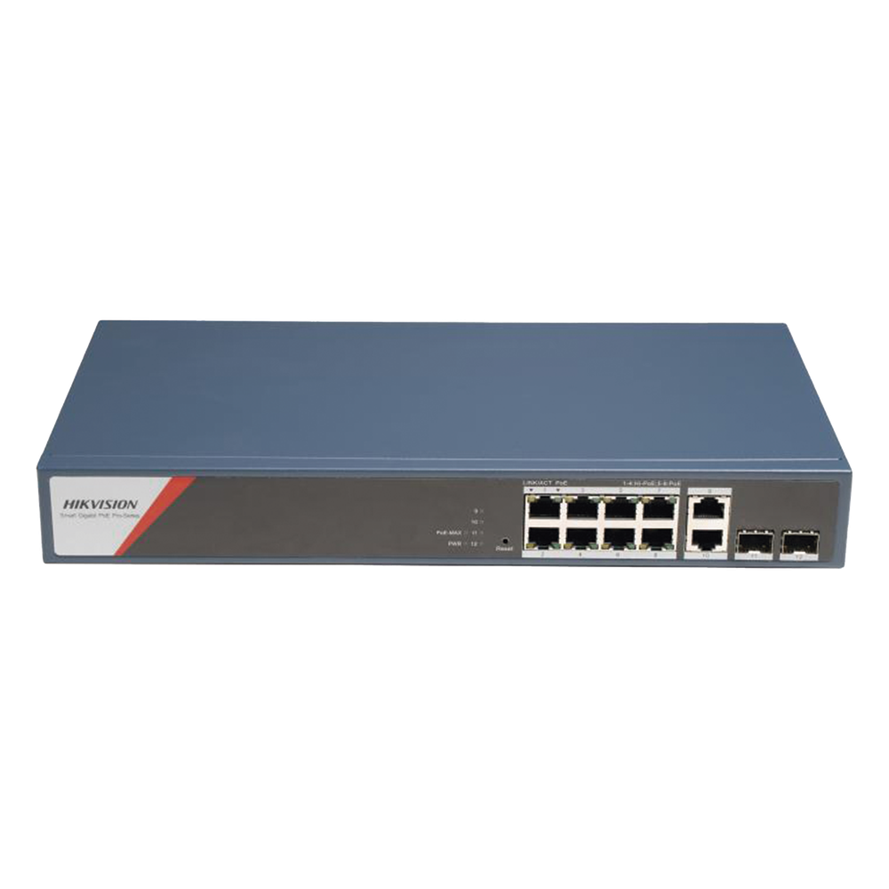 Switch Gigabit PoE+ / Administrable / 8 Puertos 1000 Mbps PoE+(4 Puertos PoE++ 90 W) / 2 Puertos 1000 Mbps de Uplink / 2 Puertos SFP / Configuración Nube Hik-PartnerPro / Modo Extendido hasta 300 Metros / 130 W