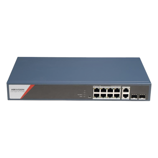 Switch Gigabit PoE+ / Administrable / 8 Puertos 1000 Mbps PoE+(4 Puertos PoE++ 90 W) / 2 Puertos 1000 Mbps de Uplink / 2 Puertos SFP / Configuración Nube Hik-PartnerPro / Modo Extendido hasta 300 Metros / 130 W